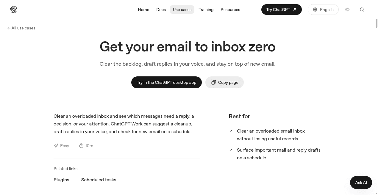 ChatGPT 邮箱清零：连上 Gmail/Outlook，10 分钟理出待办与回复草稿 课程封面